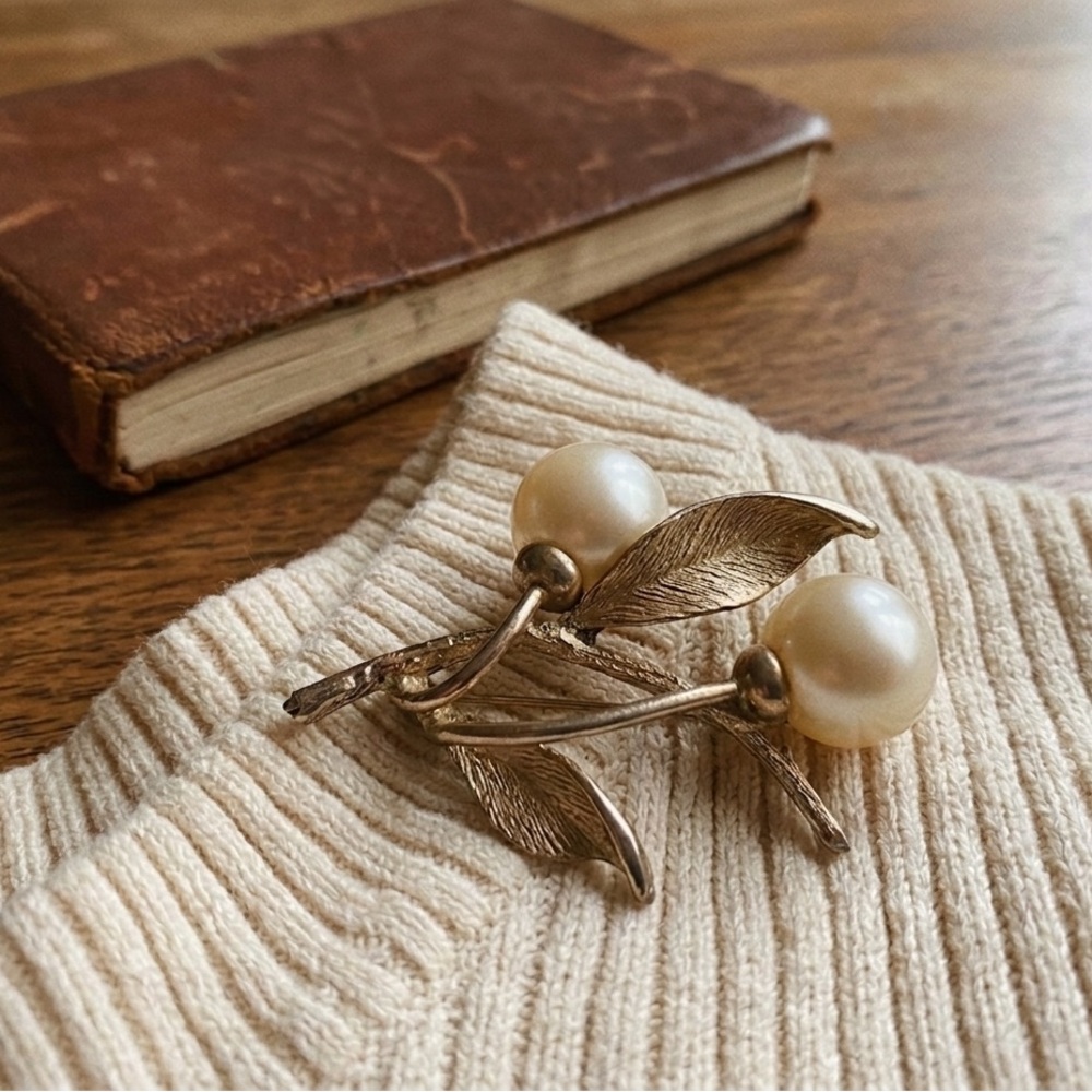 Vintage Inspired Faux Pearl and Gold-Tone Cherry Branch Brooch Pin